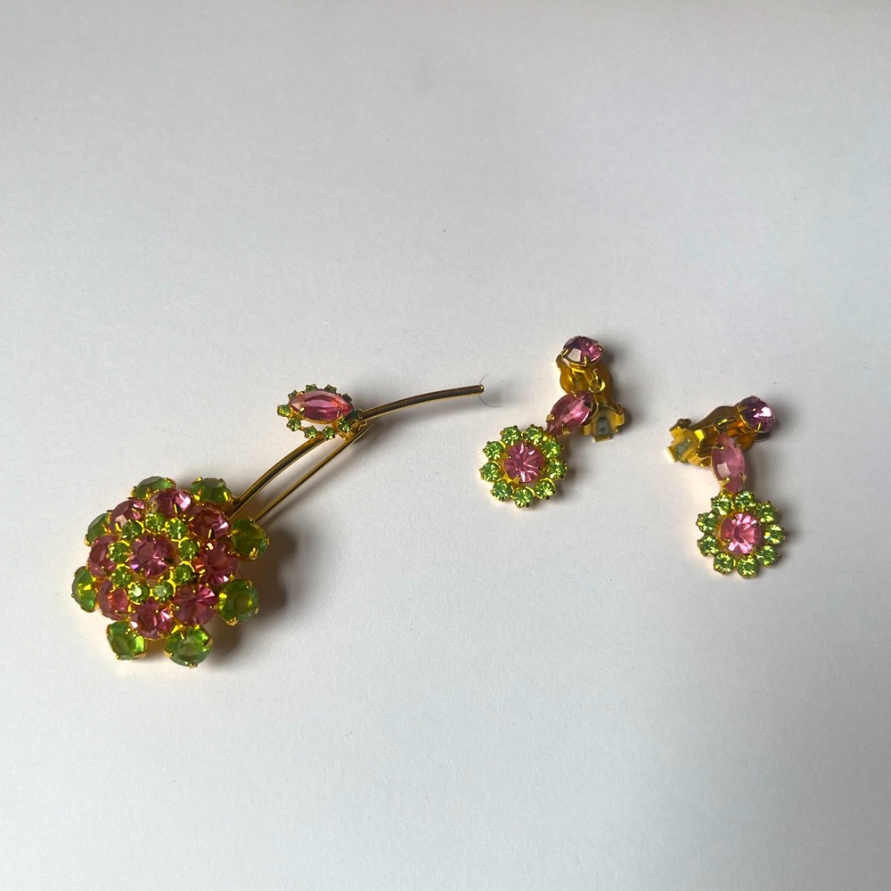 Gold, pink, and green earrings and matching brooch